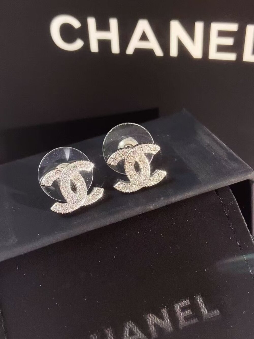 Chanel Classic CC Silver Rhinestone Stud Earrings - Picture 2 of 6